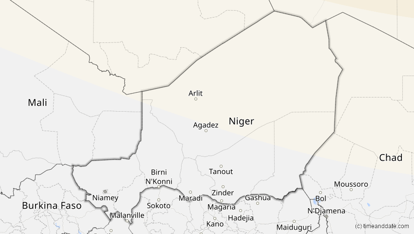 A map of Niger, showing the path of the 16. Jan 2037 Partielle Sonnenfinsternis