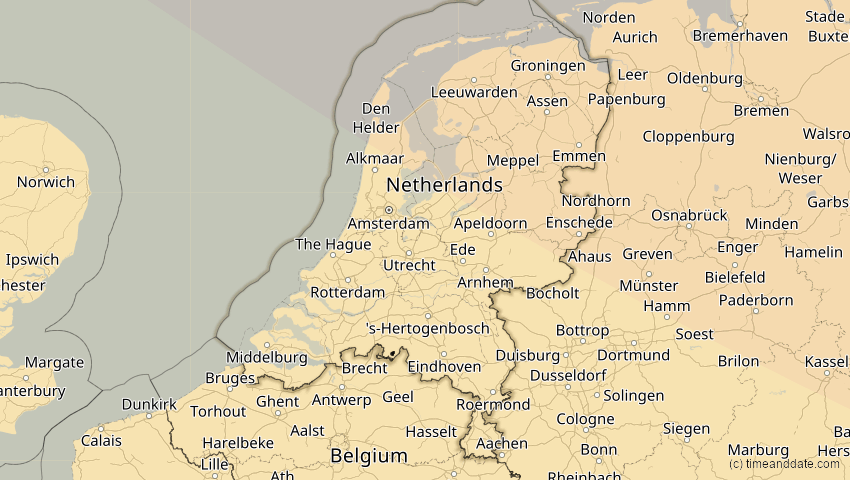 A map of Niederlande, showing the path of the 16. Jan 2037 Partielle Sonnenfinsternis