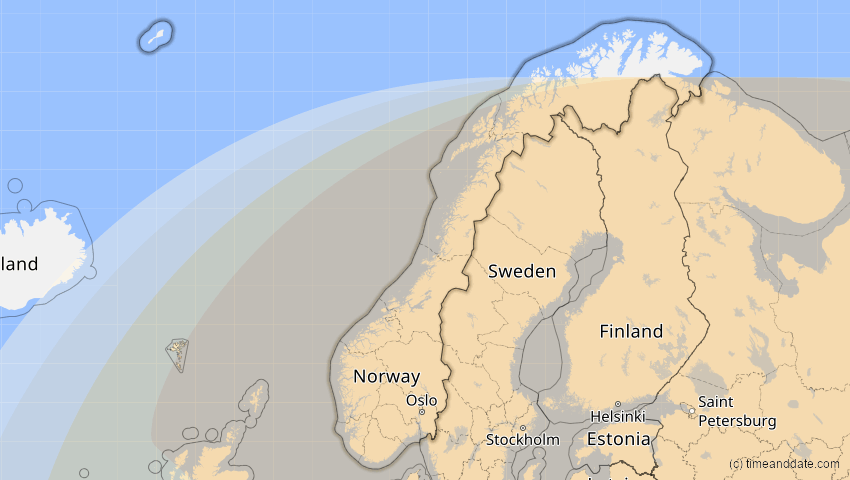 A map of Norwegen, showing the path of the 16. Jan 2037 Partielle Sonnenfinsternis