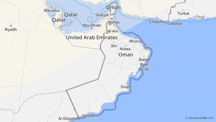 A map of Oman, showing the path of the 16. Jan 2037 Partielle Sonnenfinsternis