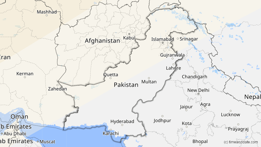 A map of Pakistan, showing the path of the 16. Jan 2037 Partielle Sonnenfinsternis