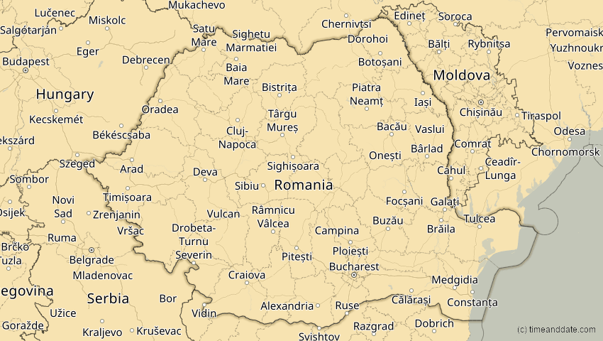 A map of Rumänien, showing the path of the 16. Jan 2037 Partielle Sonnenfinsternis