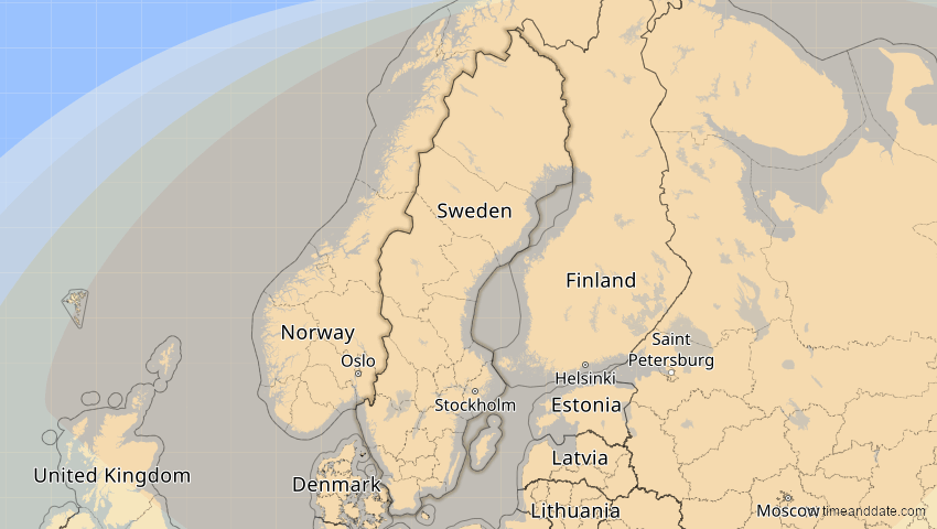 A map of Schweden, showing the path of the 16. Jan 2037 Partielle Sonnenfinsternis