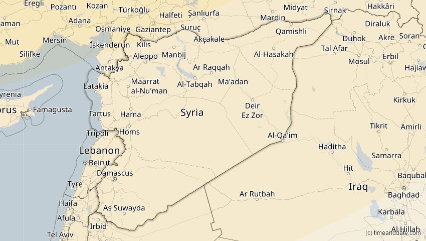 A map of Syrien, showing the path of the 16. Jan 2037 Partielle Sonnenfinsternis