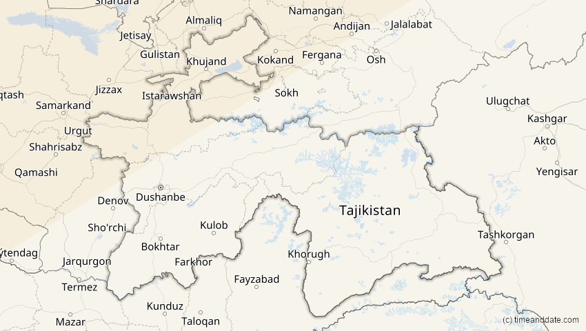 A map of Tadschikistan, showing the path of the 16. Jan 2037 Partielle Sonnenfinsternis