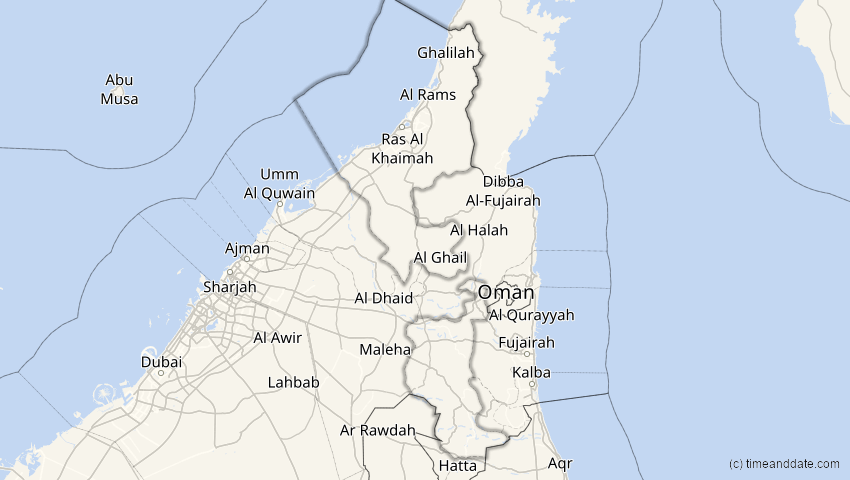 A map of Ra’s al-Chaima, Vereinigte Arabische Emirate, showing the path of the 16. Jan 2037 Partielle Sonnenfinsternis