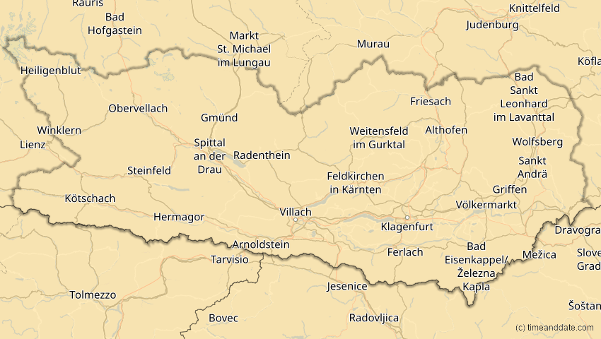 A map of Kärnten, Österreich, showing the path of the 16. Jan 2037 Partielle Sonnenfinsternis