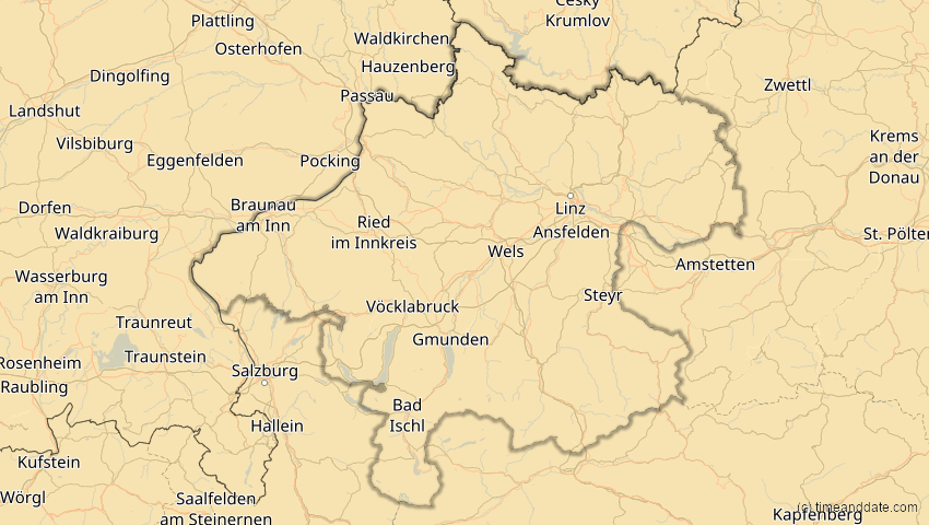 A map of Oberösterreich, Österreich, showing the path of the 16. Jan 2037 Partielle Sonnenfinsternis