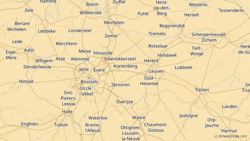 A map of Flämisch-Brabant, Belgien, showing the path of the 16. Jan 2037 Partielle Sonnenfinsternis