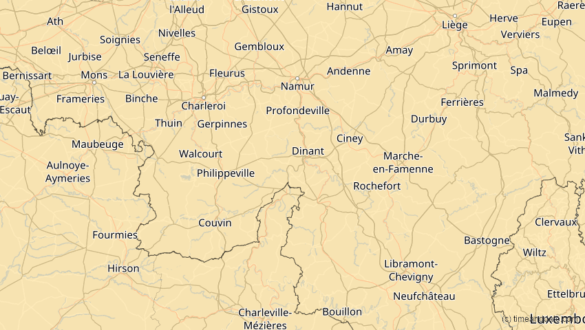 A map of Namur, Belgien, showing the path of the 16. Jan 2037 Partielle Sonnenfinsternis