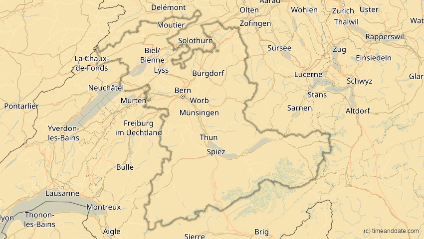A map of Bern, Schweiz, showing the path of the 16. Jan 2037 Partielle Sonnenfinsternis