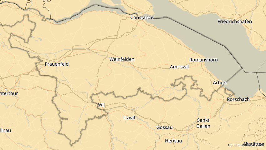 A map of Thurgau, Schweiz, showing the path of the 16. Jan 2037 Partielle Sonnenfinsternis