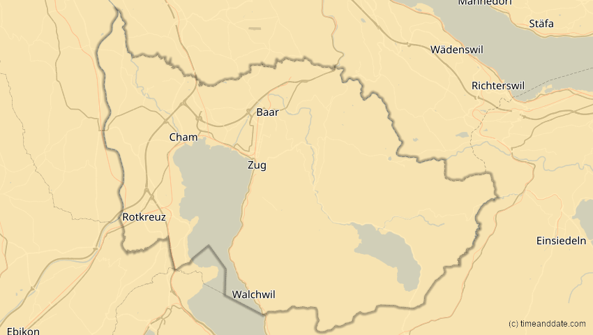 A map of Zug, Schweiz, showing the path of the 16. Jan 2037 Partielle Sonnenfinsternis