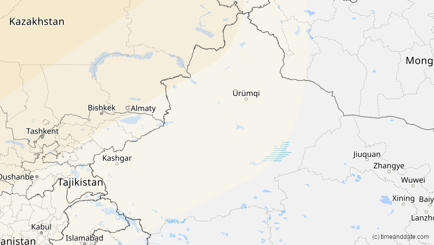 A map of Xinjiang, China, showing the path of the 16. Jan 2037 Partielle Sonnenfinsternis