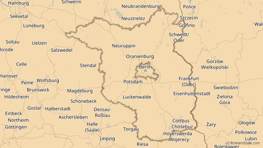 A map of Brandenburg, Deutschland, showing the path of the 16. Jan 2037 Partielle Sonnenfinsternis
