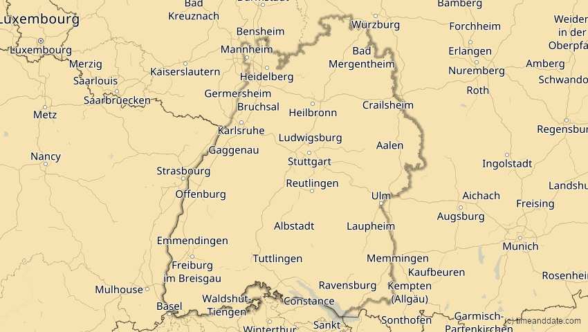 A map of Baden-Württemberg, Deutschland, showing the path of the 16. Jan 2037 Partielle Sonnenfinsternis