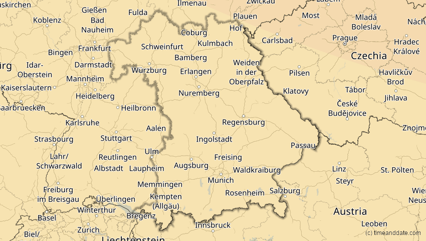 A map of Bayern, Deutschland, showing the path of the 16. Jan 2037 Partielle Sonnenfinsternis