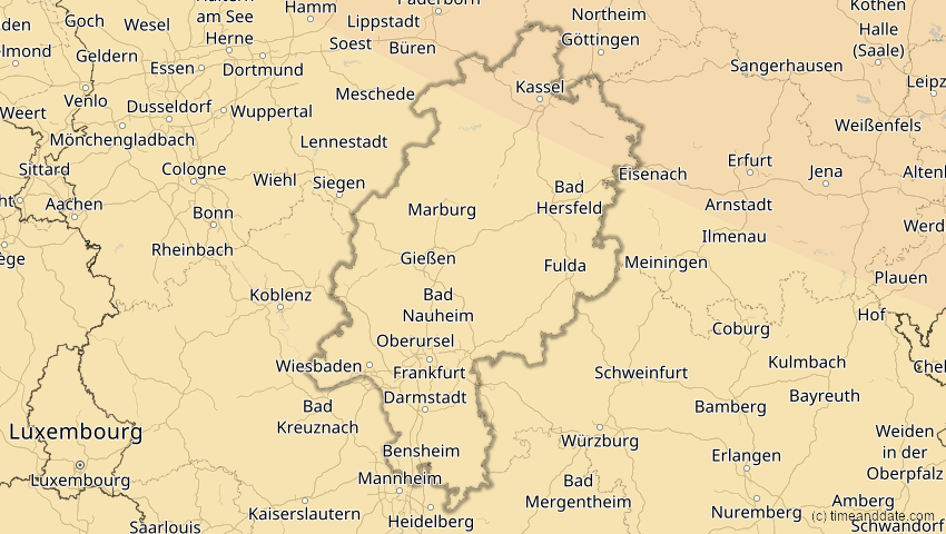 A map of Hessen, Deutschland, showing the path of the 16. Jan 2037 Partielle Sonnenfinsternis