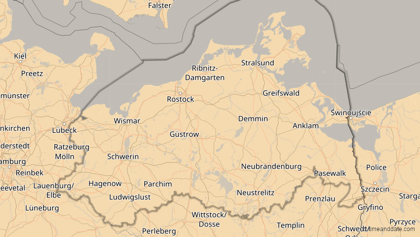 A map of Mecklenburg-Vorpommern, Deutschland, showing the path of the 16. Jan 2037 Partielle Sonnenfinsternis