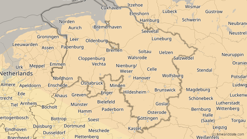 A map of Niedersachsen, Deutschland, showing the path of the 16. Jan 2037 Partielle Sonnenfinsternis