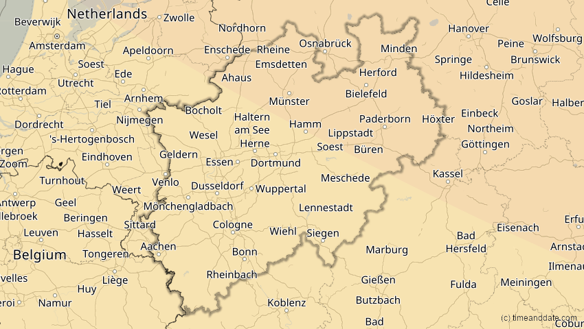 A map of Nordrhein-Westfalen, Deutschland, showing the path of the 16. Jan 2037 Partielle Sonnenfinsternis