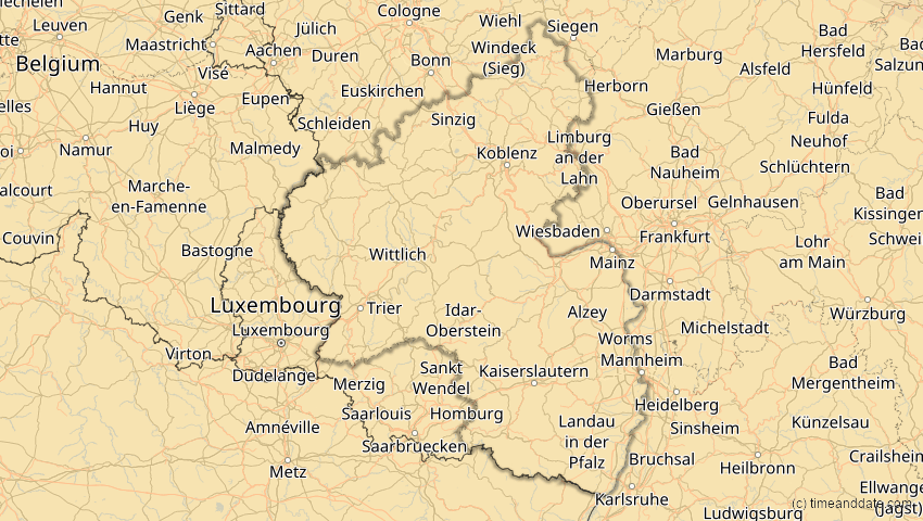 A map of Rheinland-Pfalz, Deutschland, showing the path of the 16. Jan 2037 Partielle Sonnenfinsternis