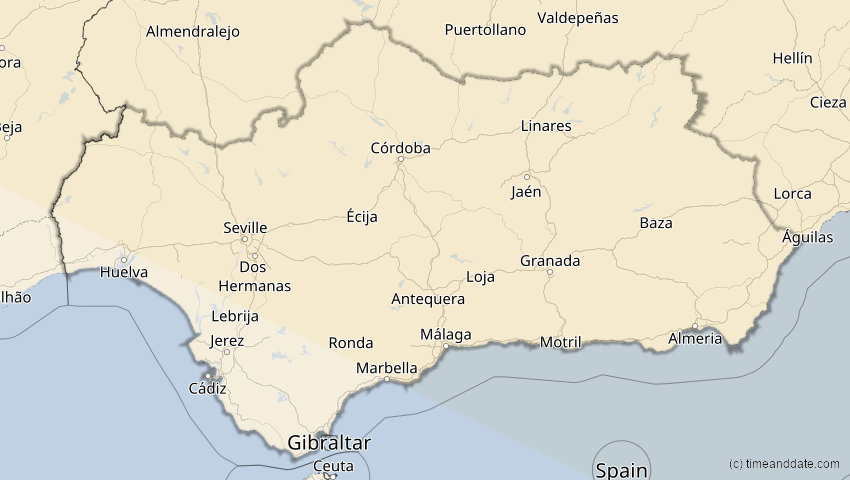 A map of Andalusien, Spanien, showing the path of the 16. Jan 2037 Partielle Sonnenfinsternis