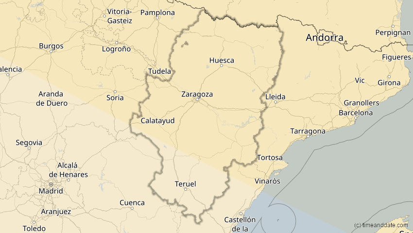 A map of Aragonien, Spanien, showing the path of the 16. Jan 2037 Partielle Sonnenfinsternis