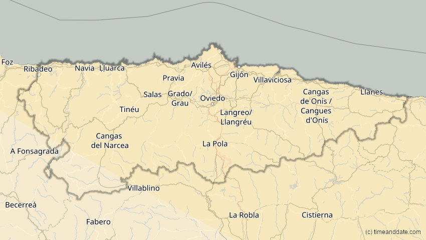 A map of Asturien, Spanien, showing the path of the 16. Jan 2037 Partielle Sonnenfinsternis
