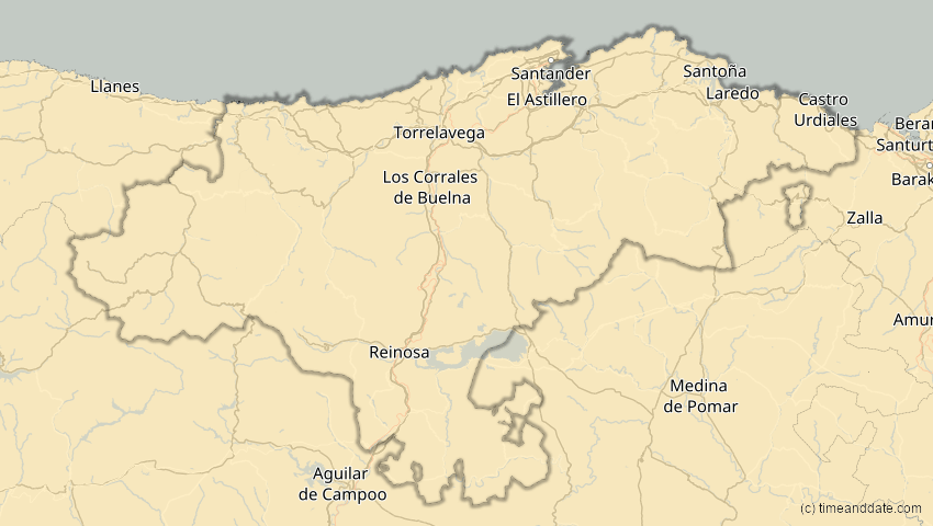 A map of Kantabrien, Spanien, showing the path of the 16. Jan 2037 Partielle Sonnenfinsternis
