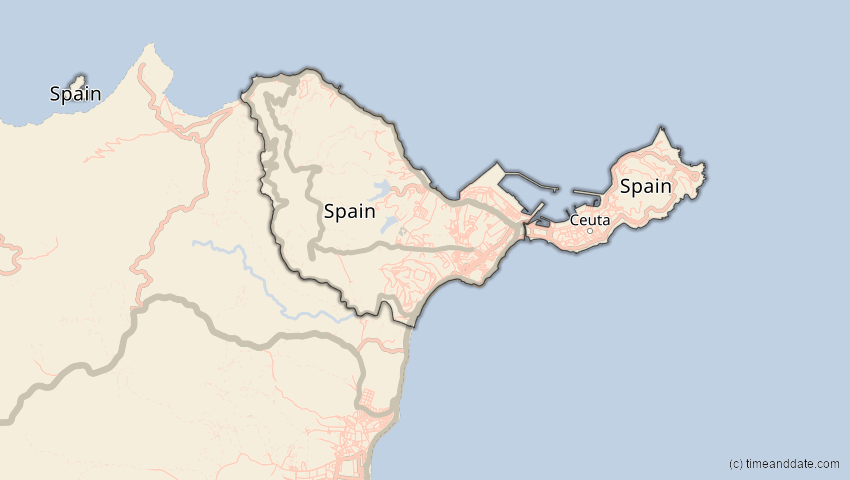 A map of Ceuta, Spanien, showing the path of the 16. Jan 2037 Partielle Sonnenfinsternis
