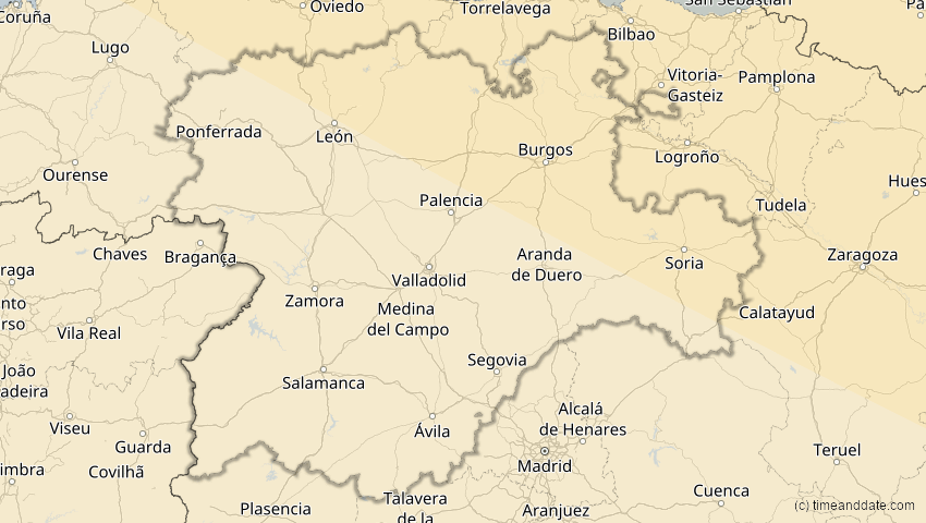 A map of Kastilien und León, Spanien, showing the path of the 16. Jan 2037 Partielle Sonnenfinsternis