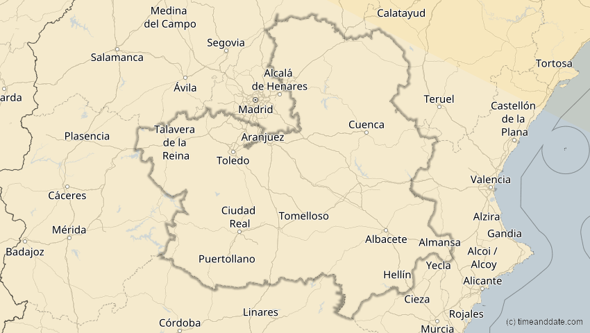 A map of Kastilien-La Mancha, Spanien, showing the path of the 16. Jan 2037 Partielle Sonnenfinsternis