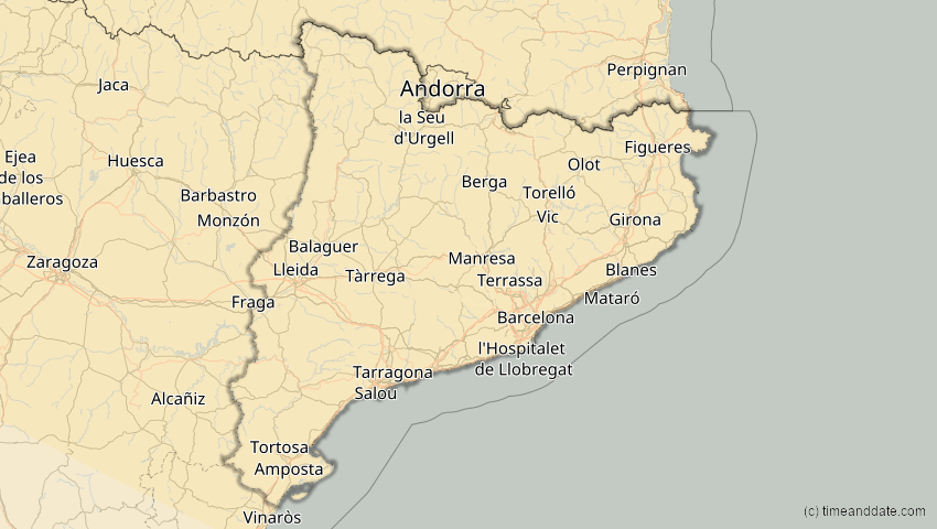A map of Katalonien, Spanien, showing the path of the 16. Jan 2037 Partielle Sonnenfinsternis