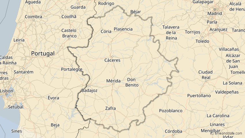 A map of Extremadura, Spanien, showing the path of the 16. Jan 2037 Partielle Sonnenfinsternis