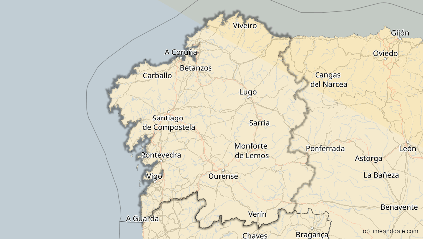 A map of Galicien, Spanien, showing the path of the 16. Jan 2037 Partielle Sonnenfinsternis