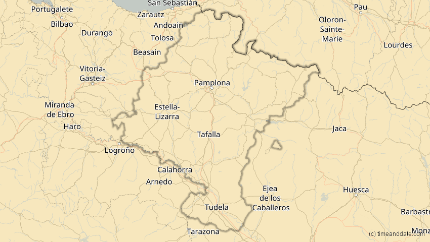A map of Navarra, Spanien, showing the path of the 16. Jan 2037 Partielle Sonnenfinsternis
