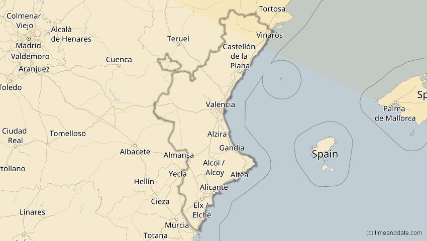 A map of Valencia, Spanien, showing the path of the 16. Jan 2037 Partielle Sonnenfinsternis