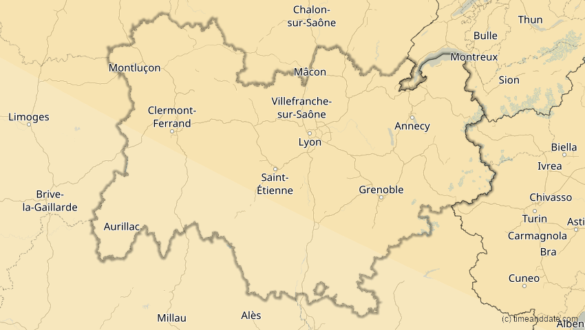 A map of Auvergne-Rhône-Alpes, Frankreich, showing the path of the 16. Jan 2037 Partielle Sonnenfinsternis