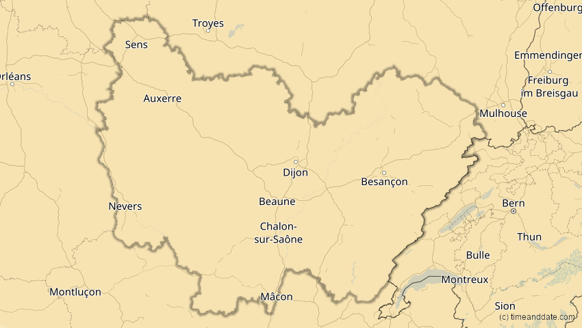 A map of Bourgogne-Franche-Comté, Frankreich, showing the path of the 16. Jan 2037 Partielle Sonnenfinsternis