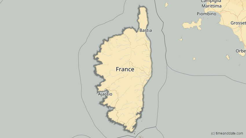 A map of Korsika, Frankreich, showing the path of the 16. Jan 2037 Partielle Sonnenfinsternis
