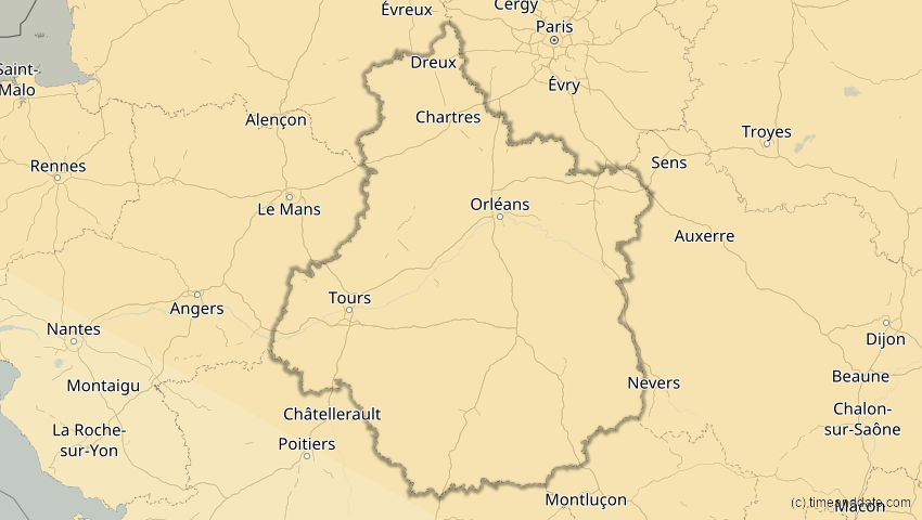 A map of Centre-Val de Loire, Frankreich, showing the path of the 16. Jan 2037 Partielle Sonnenfinsternis