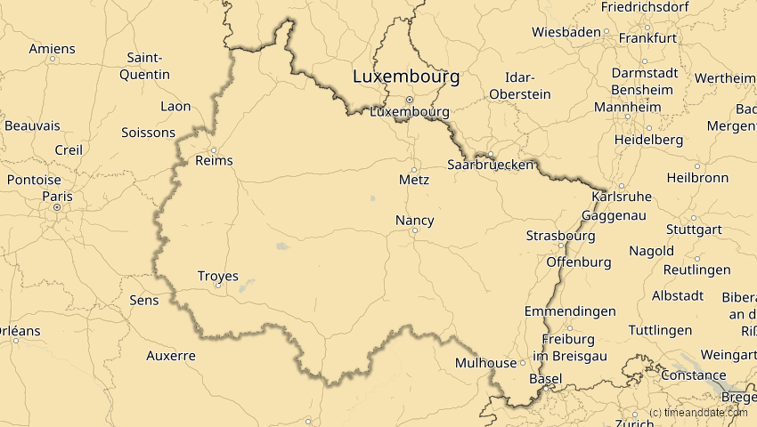 A map of Grand Est, Frankreich, showing the path of the 16. Jan 2037 Partielle Sonnenfinsternis