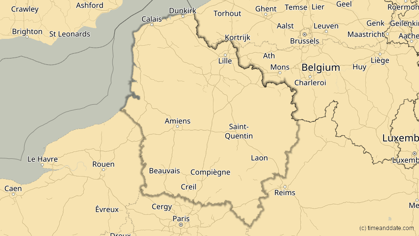 A map of Hauts-de-France, Frankreich, showing the path of the 16. Jan 2037 Partielle Sonnenfinsternis