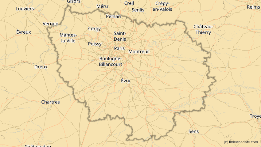 A map of Île-de-France, Frankreich, showing the path of the 16. Jan 2037 Partielle Sonnenfinsternis