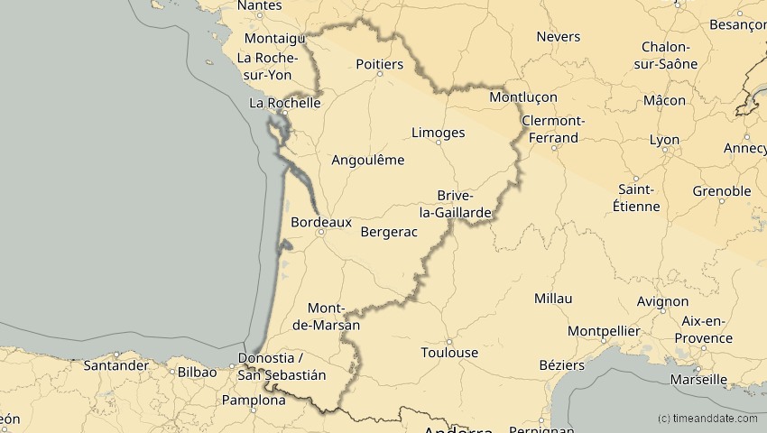 A map of Nouvelle-Aquitaine, Frankreich, showing the path of the 16. Jan 2037 Partielle Sonnenfinsternis