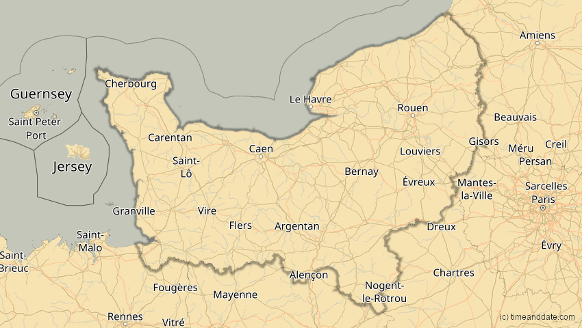 A map of Normandie, Frankreich, showing the path of the 16. Jan 2037 Partielle Sonnenfinsternis
