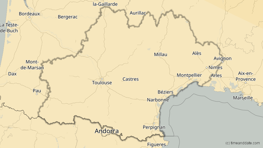 A map of Okzitanien, Frankreich, showing the path of the 16. Jan 2037 Partielle Sonnenfinsternis