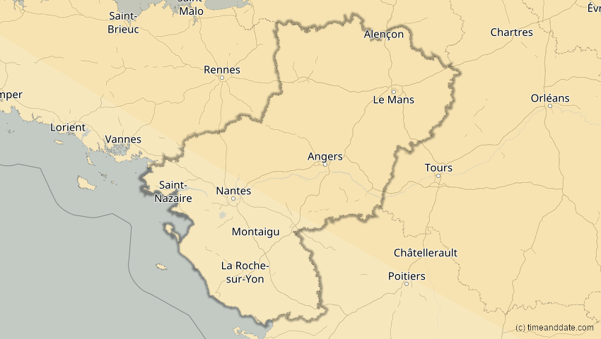 A map of Pays de la Loire, Frankreich, showing the path of the 16. Jan 2037 Partielle Sonnenfinsternis