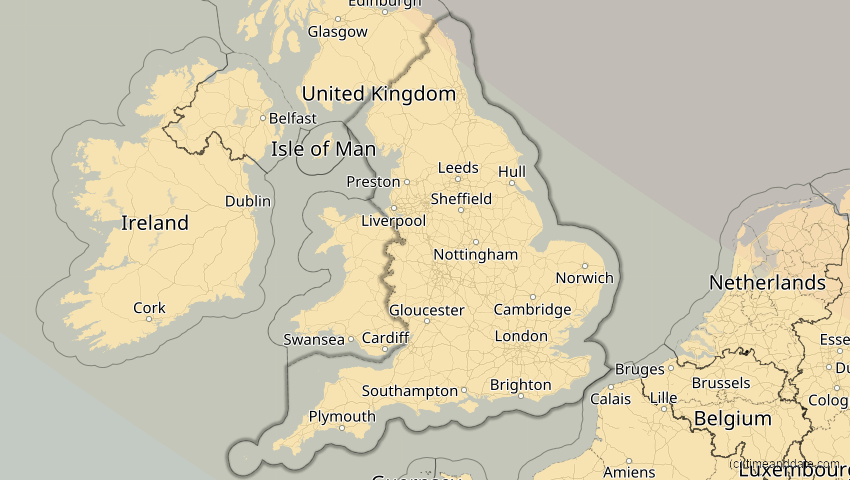 A map of England, Großbritannien, showing the path of the 16. Jan 2037 Partielle Sonnenfinsternis